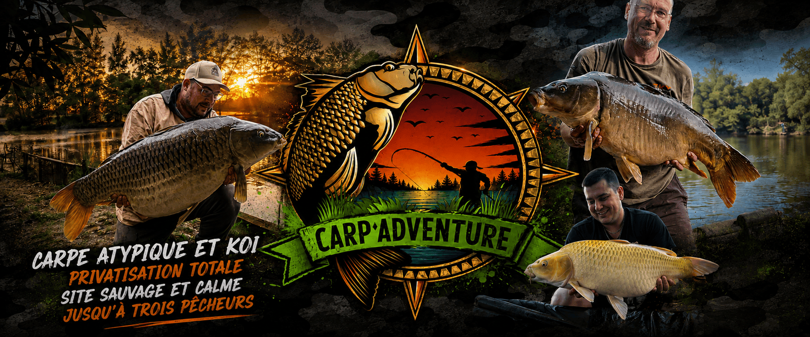 Carp’Adventure : carpes atypiques et koï, privatisation totale, site sauvage et calme, jusqu’à trois pêcheurs.